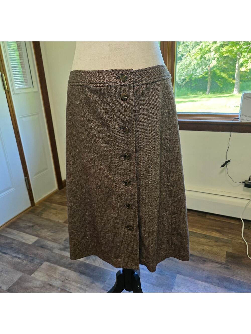Talbots brown wool cotton herringbone tweed A-line skirt size 10